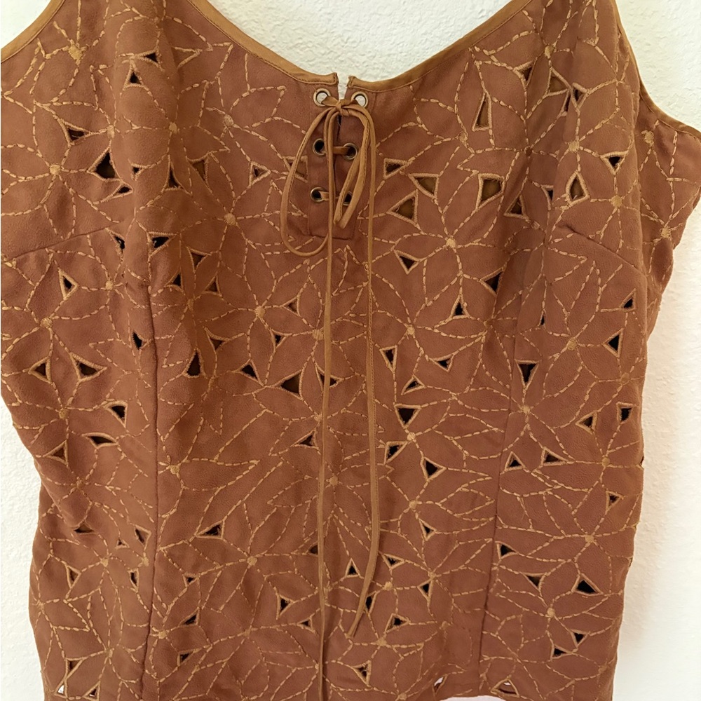 Brown Eyelet Lace-Up Suede-Look Spaghetti Strap Camisole - Picture 3 of 15